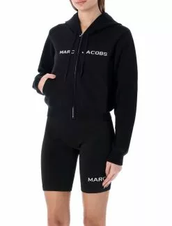 ( New Season ) Marc Jacobs Logo Intarsia-Knit Cropped Hoodie Women, Black