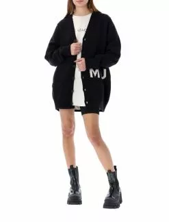 ( New Season ) Marc Jacobs Logo Intarsia-Knit V-Neck Cardigan Women, Black -Marc Jacobs Store 77ec3fcdcdb492a07eb38446ea7e1a5c