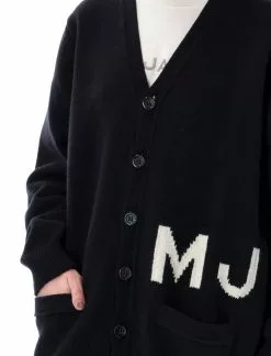 ( New Season ) Marc Jacobs Logo Intarsia-Knit V-Neck Cardigan Women, Black -Marc Jacobs Store 845e84e60789265a7adc98cc6dfa0f5c