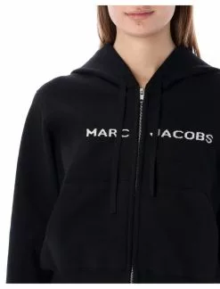( New Season ) Marc Jacobs Logo Intarsia-Knit Cropped Hoodie Women, Black -Marc Jacobs Store bcc4b283a041e413e446b76e9cee79da