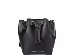( New Season ) Marc Jacobs Logo Plaque Drawstring Bucket Bag Women, Black